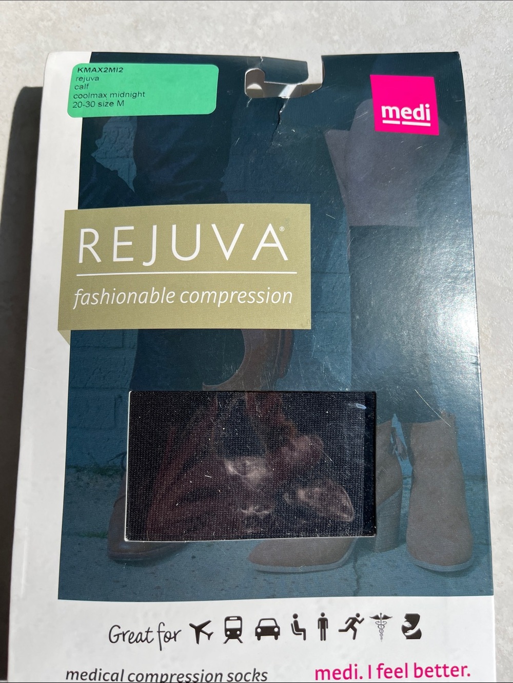 Rejuva Fashionable Compression Socks - Coolmax Midnight. 20-30. SZ M.
Calf.